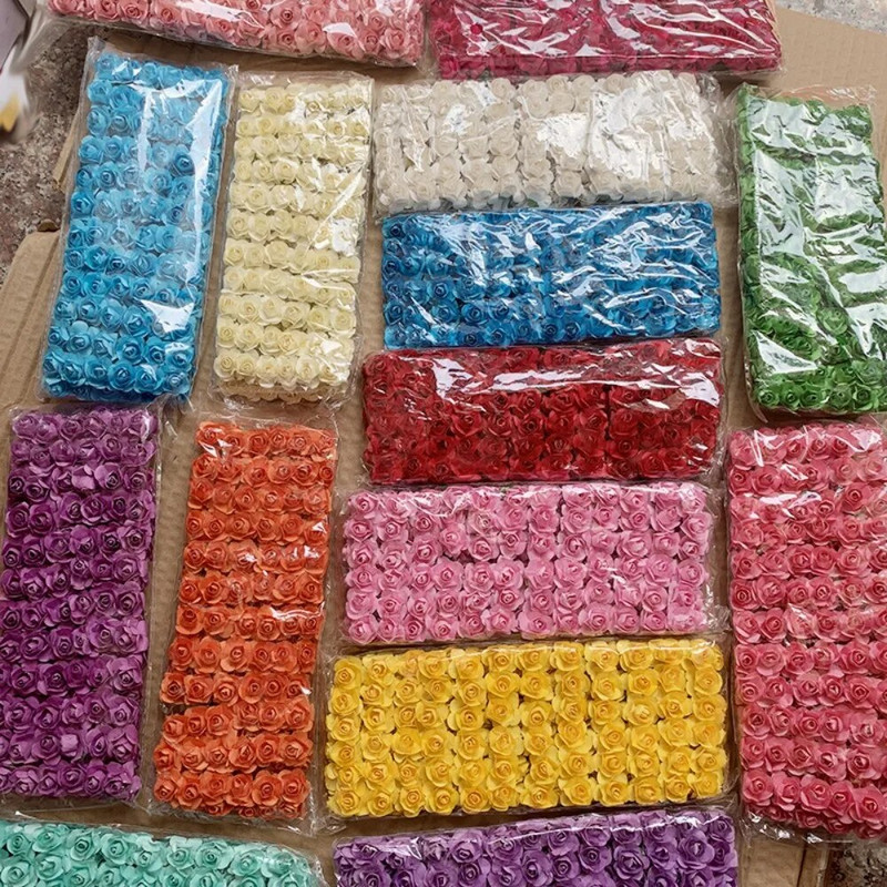144gab Mini 2cm papīra rožu ziedu galvas pušķis, mākslīgs kāzu mājas dekorēšanai.
