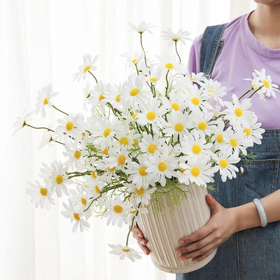 Μπουκέτο 5 Head White Daisy Τεχνητά λουλούδια Long Branch Bouquet για Διακόσμηση Κήπου Γάμου DIY Νυφικό ψεύτικο λουλούδι από μετάξι