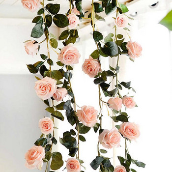 Изкуствени розови лозови цветя 6,5 фута фалшива копринена роза Висящ цветен гирлянд Бръшлян за домашно сватбено тържество Декорация на градинска стена