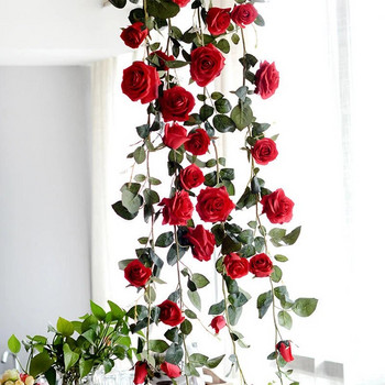 Изкуствени розови лозови цветя 6,5 фута фалшива копринена роза Висящ цветен гирлянд Бръшлян за домашно сватбено тържество Декорация на градинска стена