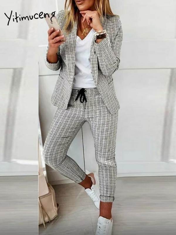 Yitimuceng karirani ležerni 2-dijelni set za žene jesen-zima 2023. Novi uredski ženski uski sako dugih rukava i komplet hlača s visokim cijepanjem
