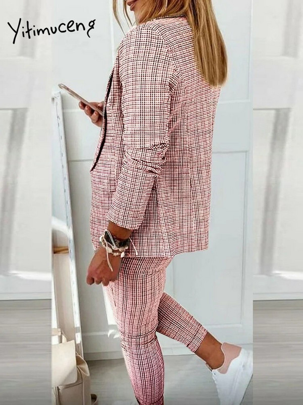 Yitimuceng karirani ležerni 2-dijelni set za žene jesen-zima 2023. Novi uredski ženski uski sako dugih rukava i komplet hlača s visokim cijepanjem