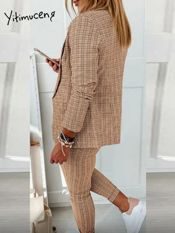 Yitimuceng karirani ležerni 2-dijelni set za žene jesen-zima 2023. Novi uredski ženski uski sako dugih rukava i komplet hlača s visokim cijepanjem