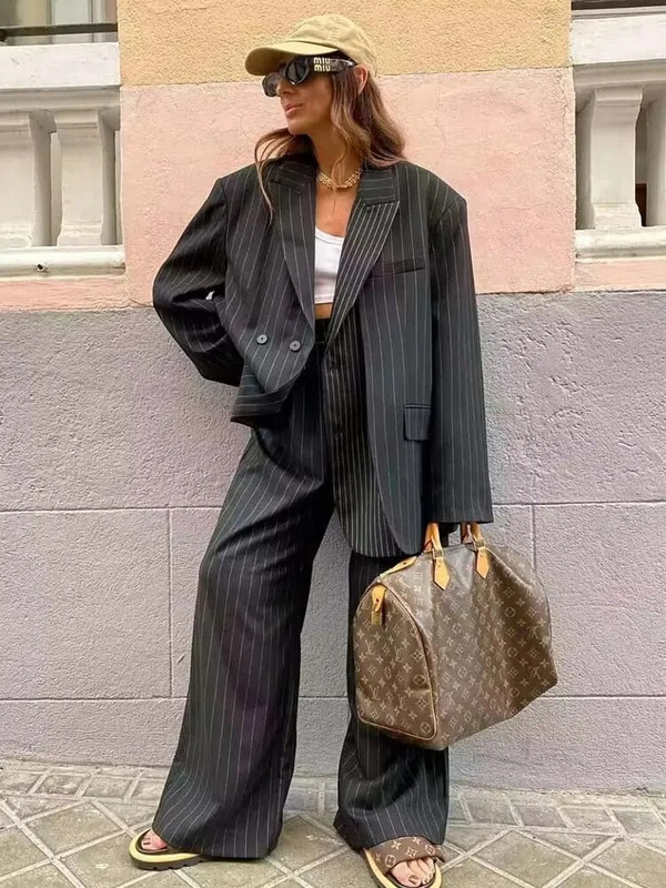 TRAF 2023 rudens ziemas bikšu komplekti Modes svītras, divdaļīgs sieviešu uzvalks, biroja žakešu komplekts, sieviete, 2 dab. sieviešu tērpi