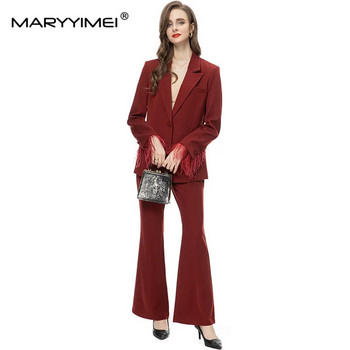 MARYYIMEI Runway High Street Fashion Designer Γυναικείο πέτο μανσέτα με κορδέλα Blazer Jacket+ Flare παντελόνι 2τμχ Σετ 2023 Νεότερο