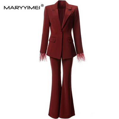 MARYYIMEI Runway High Street Fashion Designer Γυναικείο πέτο μανσέτα με κορδέλα Blazer Jacket+ Flare παντελόνι 2τμχ Σετ 2023 Νεότερο