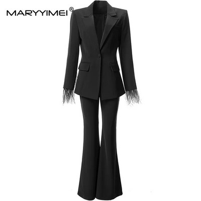 MARYYIMEI Runway High Street modni dizajner Ženska jakna s reverom i manžetama s vrpcom + široke hlače Komplet od 2 komada Najnovije 2023.