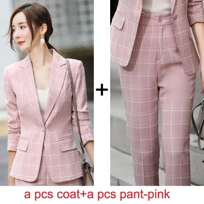 IZICFLY Jesenski stil Ružičasta karirana uredska radna odjeća Odjeća za žene Blazer Hlače Poslovna moda Elegantna odijela s hlačama