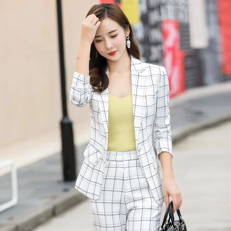 IZICFLY Jesenski stil Ružičasta karirana uredska radna odjeća Odjeća za žene Blazer Hlače Poslovna moda Elegantna odijela s hlačama