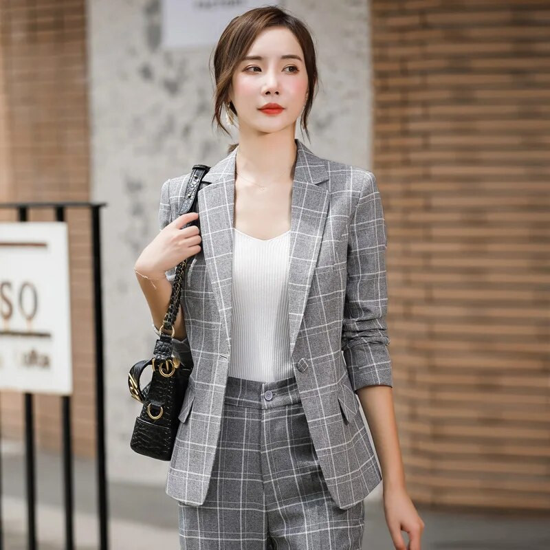 IZICFLY Jesenski stil Ružičasta karirana uredska radna odjeća Odjeća za žene Blazer Hlače Poslovna moda Elegantna odijela s hlačama