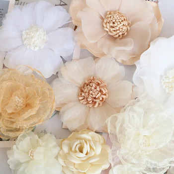 10 ΤΕΜ/Παρτίδα Beige Series Camellia Rose Chiffon Fabric τεχνητό λουλούδι Κεφαλή για Διακόσμηση ρούχων νυφικών