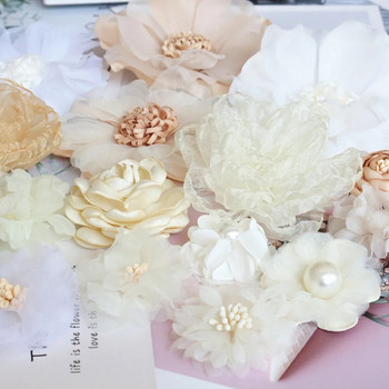 10PCS/Lot Бежова серия Camellia Rose Шифонена тъкан Изкуствена цветна глава за сватбена рокля Декорация на облекло Шапка