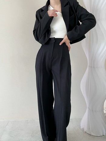 Γυναικείο κοστούμι γραφείου μονόχρωμο φθινόπωρο 2023 Νέα μόδα μακρυμάνικο στριφογυριστό γιακά παλτό + ψηλόμεσο φαρδύ παντελόνι