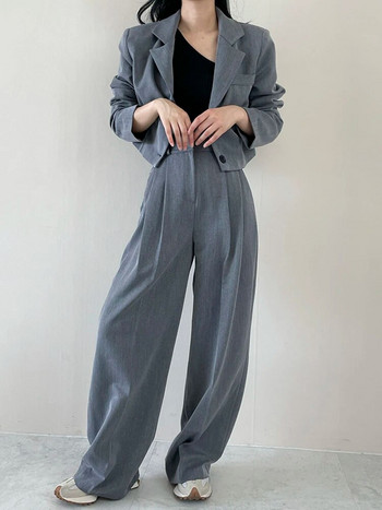 Γυναικείο κοστούμι γραφείου μονόχρωμο φθινόπωρο 2023 Νέα μόδα μακρυμάνικο στριφογυριστό γιακά παλτό + ψηλόμεσο φαρδύ παντελόνι