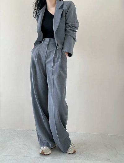 Masszív irodai viselet női öltöny, 2023. ősz, új divat, hosszú ujjú, lehajtható galléros blézerkabát + magas derekú, bő nadrágkosztüm