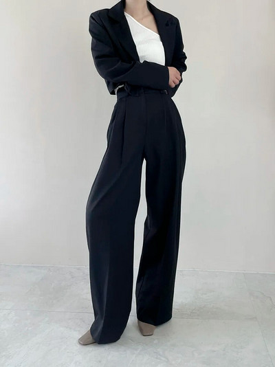 Masszív irodai viselet női öltöny, 2023. ősz, új divat, hosszú ujjú, lehajtható galléros blézerkabát + magas derekú, bő nadrágkosztüm