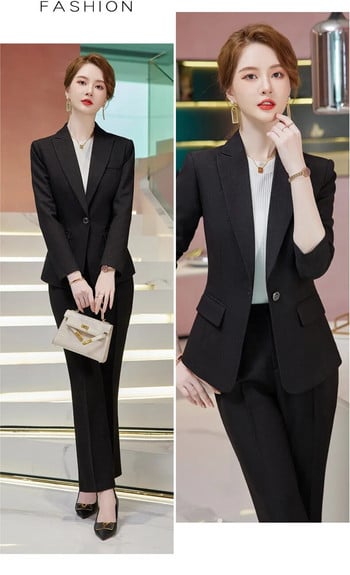 Fashion Black Blazer Γυναικεία επαγγελματικά κοστούμια Παντελόνι και κορυφαία σετ Εργασία Σαλόνι ομορφιάς Γυναικεία Γυναικεία μπουφάν ομοιόμορφα στυλ OL