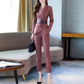 Rudens ziemas darba bikšu komplekti Biroja sieviešu komplekts ar diviem modes priekšmetiem sievietēm Biznesa jostas plānās žaketes un zīmuļa bikšu uzvalks