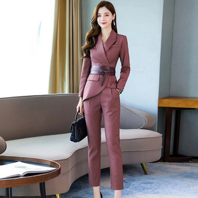 Rudens ziemas darba bikšu komplekti Biroja sieviešu komplekts ar diviem modes priekšmetiem sievietēm Biznesa jostas plānās žaketes un zīmuļa bikšu uzvalks