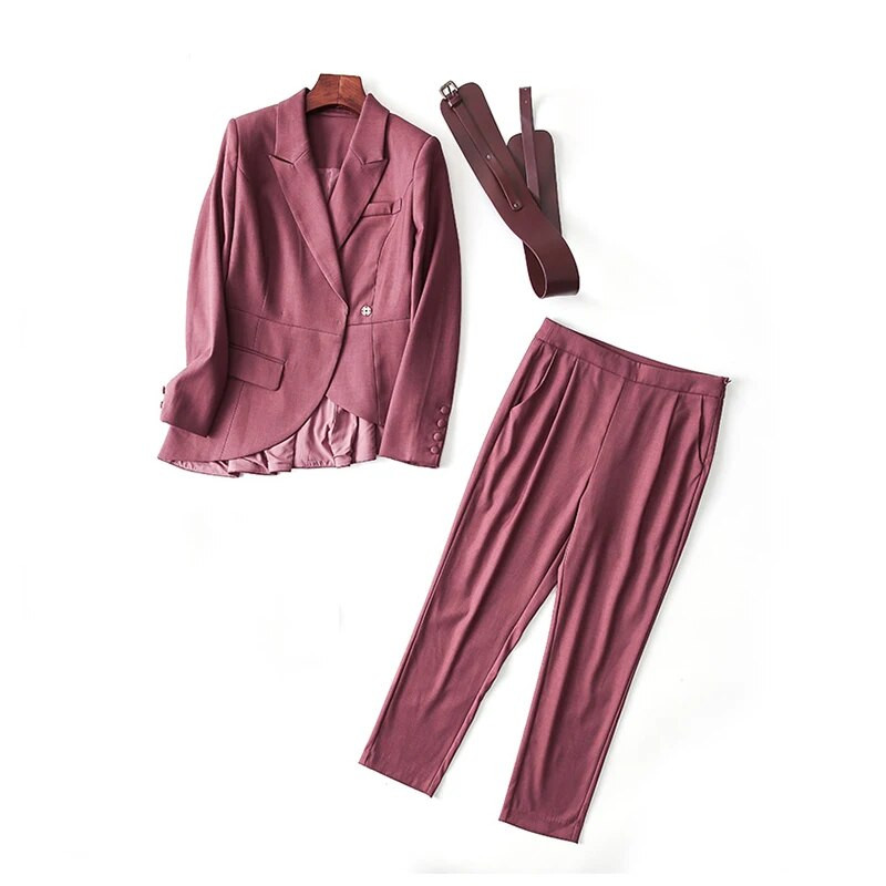 Rudens ziemas darba bikšu komplekti Biroja sieviešu komplekts ar diviem modes priekšmetiem sievietēm Biznesa jostas plānās žaketes un zīmuļa bikšu uzvalks
