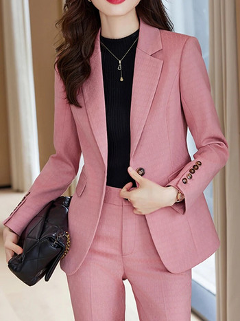 Ροζ Two Piece Σετ Γυναικεία ρούχα 2023 Νέα φθινοπωρινή μόδα Μακρυμάνικο μπλέιζερ γιακά + Ψηλόμεσο παντελόνι