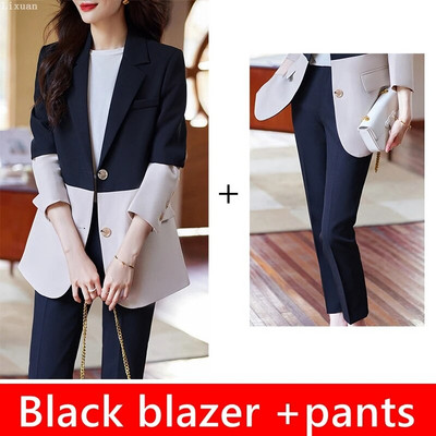 Eleganti sieviešu formālu žakešu bikšu komplekti 2023. gada rudens Khaki melnā krāsā, biroja sieviešu darba apģērba bikses jaka, 2 daļ.