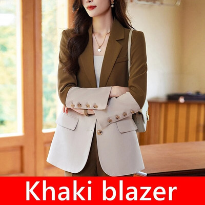 Eleganti sieviešu formālu žakešu bikšu komplekti 2023. gada rudens Khaki melnā krāsā, biroja sieviešu darba apģērba bikses jaka, 2 daļ.