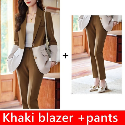 Eleganti sieviešu formālu žakešu bikšu komplekti 2023. gada rudens Khaki melnā krāsā, biroja sieviešu darba apģērba bikses jaka, 2 daļ.