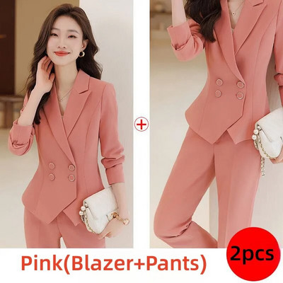 Elegantna ženska jakna 2-dijelni set 2023 Jesen Ležerni crno ružičasti tamnoplavi sako + hlače Odijela Uredska ženska službena poslovna odijela