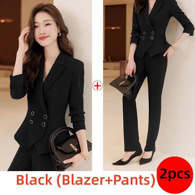 Elegantna ženska jakna 2-dijelni set 2023 Jesen Ležerni crno ružičasti tamnoplavi sako + hlače Odijela Uredska ženska službena poslovna odijela