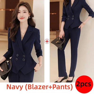 Elegantna ženska jakna 2-dijelni set 2023 Jesen Ležerni crno ružičasti tamnoplavi sako + hlače Odijela Uredska ženska službena poslovna odijela