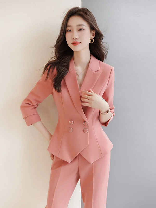 Elegantna ženska jakna 2-dijelni set 2023 Jesen Ležerni crno ružičasti tamnoplavi sako + hlače Odijela Uredska ženska službena poslovna odijela