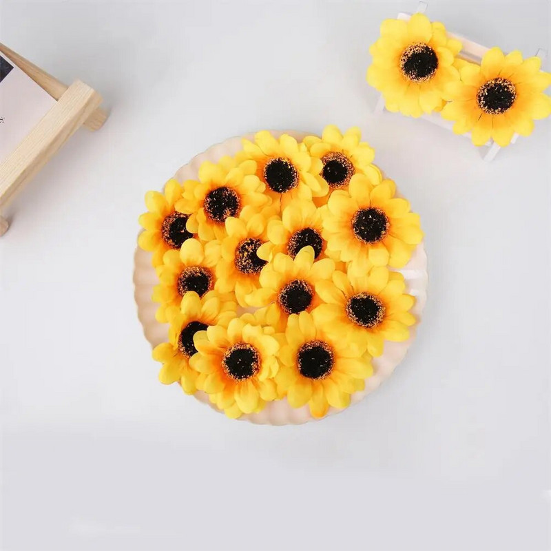 7,5 cm mini-siidist päevalillest kunstlillede pea pulmapeo jaoks Kodukaunistamine DIY pärg Scrapbooking võltslilled