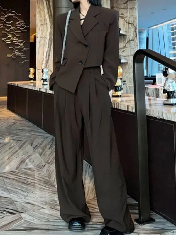 Sako odijelo Ženski dvodijelni kompleti Ženska odjeća Jesenski nepravilni sako Kaput Hlače širokih nogavica Uredska odjeća Moda u korejskom stilu