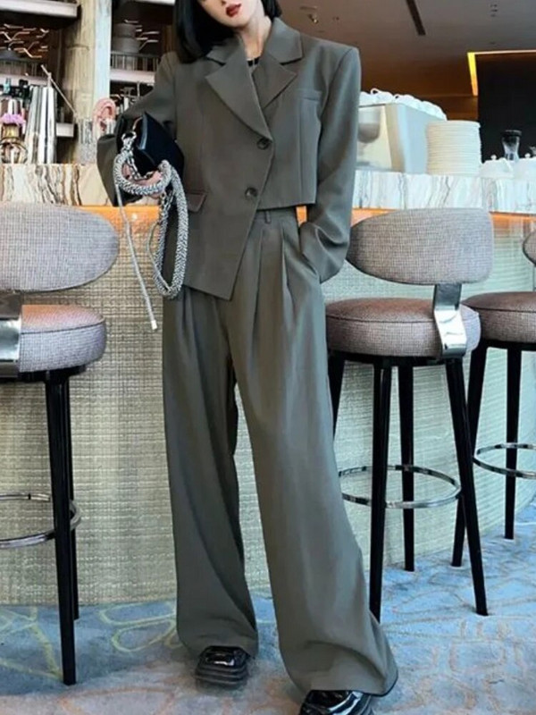 Sako odijelo Ženski dvodijelni kompleti Ženska odjeća Jesenski nepravilni sako Kaput Hlače širokih nogavica Uredska odjeća Moda u korejskom stilu