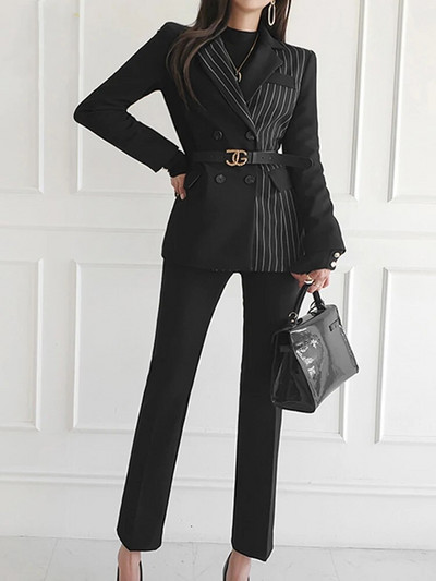 2023 m. rudens „Fotvotee“ dviejų dalių komplektas, moteriškas korėjietiškos mados dryžuotas švarkas, juodas pieštukas, biuro kelnės, ploni moteriški kelnių kostiumai