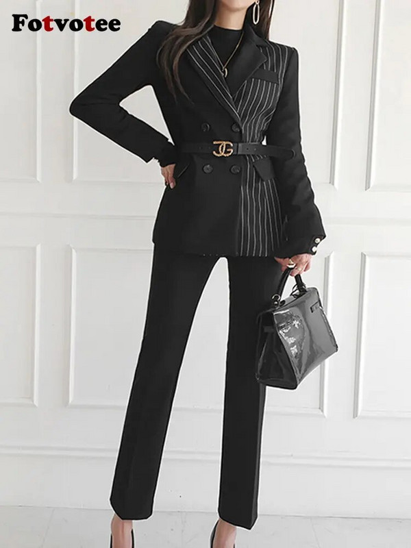 Fotvotee Φθινόπωρο 2023 Σετ δύο τεμαχίων Γυναικεία Κορεάτικη μόδα ριγέ ζιβάγκο με μαύρο μολύβι Παντελόνι γραφείου Γυναικεία λεπτά παντελόνια