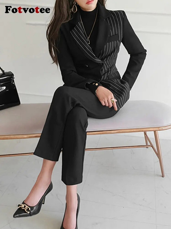 Fotvotee Φθινόπωρο 2023 Σετ δύο τεμαχίων Γυναικεία Κορεάτικη μόδα ριγέ ζιβάγκο με μαύρο μολύβι Παντελόνι γραφείου Γυναικεία λεπτά παντελόνια