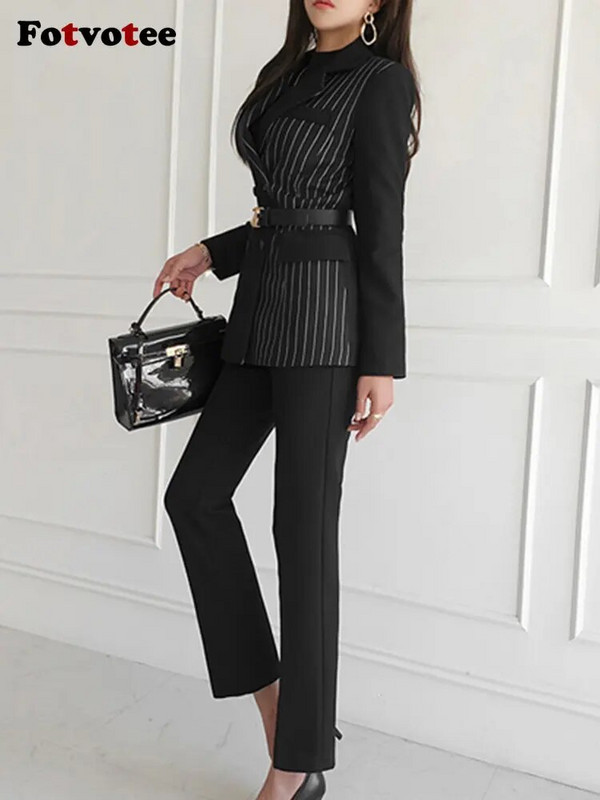 Fotvotee Φθινόπωρο 2023 Σετ δύο τεμαχίων Γυναικεία Κορεάτικη μόδα ριγέ ζιβάγκο με μαύρο μολύβι Παντελόνι γραφείου Γυναικεία λεπτά παντελόνια