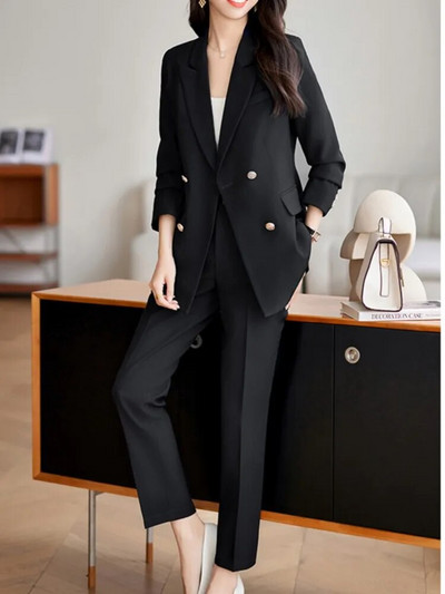 Jesenska ženska moda, jednobojno, elegantno uredsko odijelo s hlačama, vintage, tanki, ležerni sako, jakne, pencil odijelo s hlačama, ženski dvodijelni komplet
