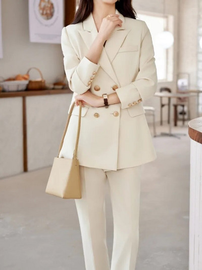 Jesenska ženska moda, jednobojno, elegantno uredsko odijelo s hlačama, vintage, tanki, ležerni sako, jakne, pencil odijelo s hlačama, ženski dvodijelni komplet