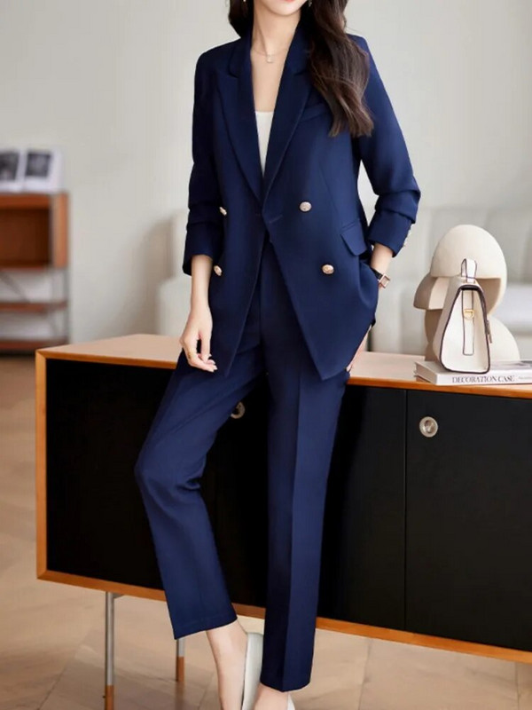 Jesenska ženska moda, jednobojno, elegantno uredsko odijelo s hlačama, vintage, tanki, ležerni sako, jakne, pencil odijelo s hlačama, ženski dvodijelni komplet