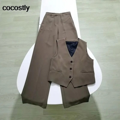 Novi ženski ljetni vintage široki prsluk bez rukava za 2023. + hlače s ravnim nogavicama visokog struka Komplet hlača s prslukom i jaknom za uredske dame
