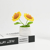 Tamborēts saulespuķu augs podos, viltus ziedu pundurkociņš, roze, kaktuss, antūrijs, kalla, āboliņš, tulpe, margrietiņa, austa dāvana mājas galda dekorēšanai