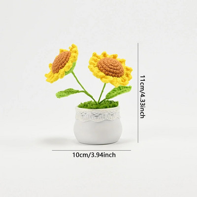 Tamborēts saulespuķu augs podos, viltus ziedu pundurkociņš, roze, kaktuss, antūrijs, kalla, āboliņš, tulpe, margrietiņa, austa dāvana mājas galda dekorēšanai