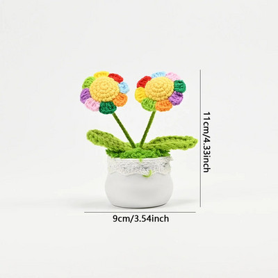 Tamborēts saulespuķu augs podos, viltus ziedu pundurkociņš, roze, kaktuss, antūrijs, kalla, āboliņš, tulpe, margrietiņa, austa dāvana mājas galda dekorēšanai