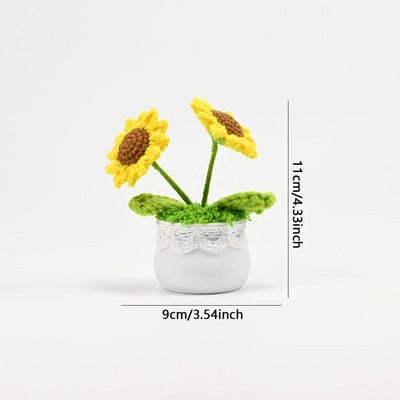 Tamborēts saulespuķu augs podos, viltus ziedu pundurkociņš, roze, kaktuss, antūrijs, kalla, āboliņš, tulpe, margrietiņa, austa dāvana mājas galda dekorēšanai