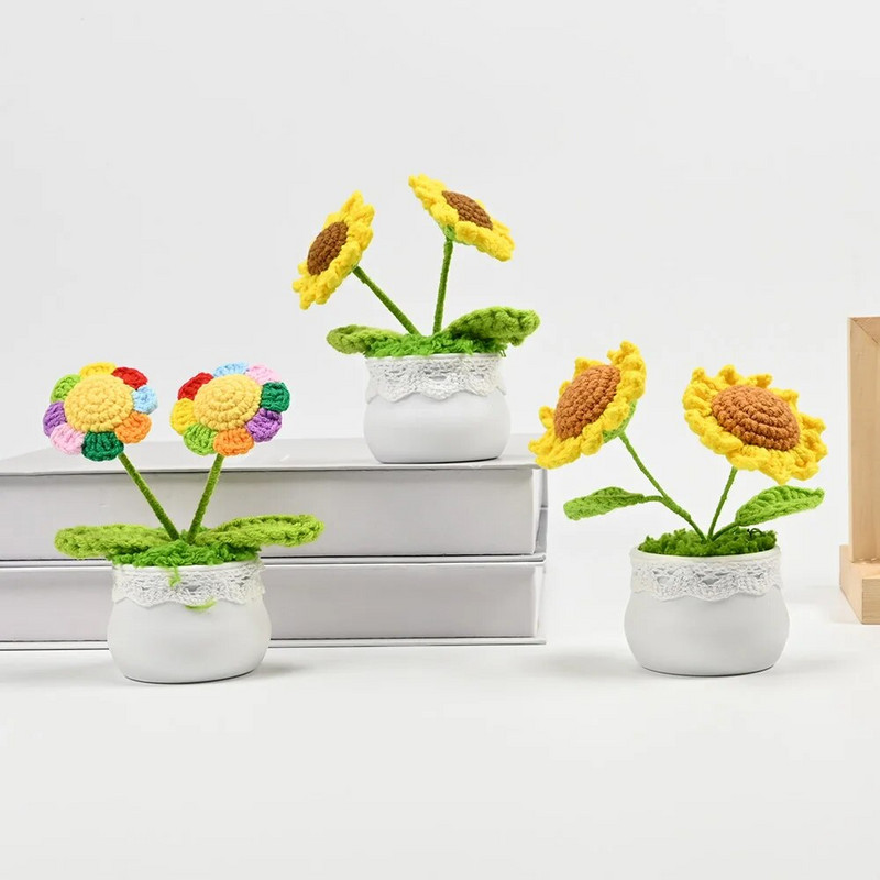 Tamborēts saulespuķu augs podos, viltus ziedu pundurkociņš, roze, kaktuss, antūrijs, kalla, āboliņš, tulpe, margrietiņa, austa dāvana mājas galda dekorēšanai