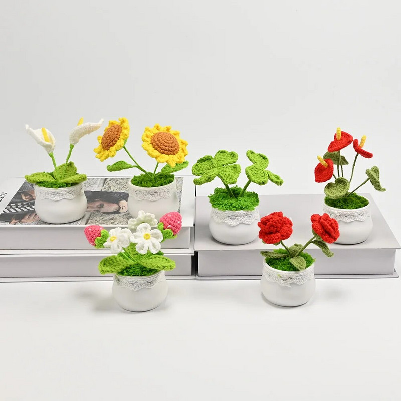 Tamborēts saulespuķu augs podos, viltus ziedu pundurkociņš, roze, kaktuss, antūrijs, kalla, āboliņš, tulpe, margrietiņa, austa dāvana mājas galda dekorēšanai