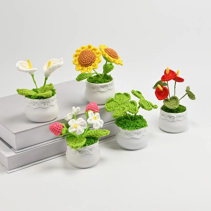 Tamborēts saulespuķu augs podos, viltus ziedu pundurkociņš, roze, kaktuss, antūrijs, kalla, āboliņš, tulpe, margrietiņa, austa dāvana mājas galda dekorēšanai